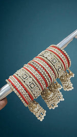 Kundan Pearl Beaded Mirror Bangle Set, Indian Wedding Jewelry, Kundan Jewelry - Libasaa.com