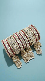 Kundan Pearl Beaded Mirror Bangle Set, Indian Wedding Jewelry, Kundan Jewelry - Libasaa.com