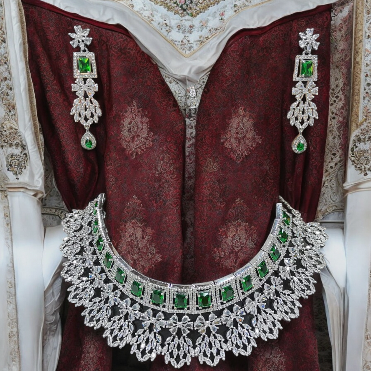 American Diamond Choker Necklace Bollywood Jewellery Set, Bollywood AD Jewellery, CZ Choker Earrings, Indian AD Choker, Pakistani Jewelry Set - Libasaa.com