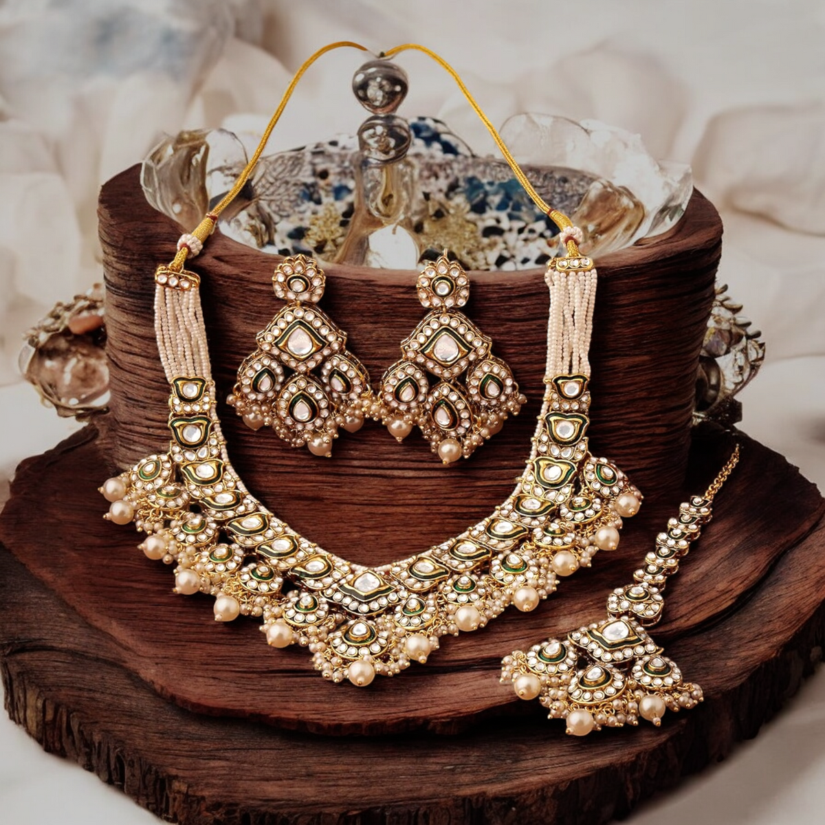 Meenakari Kundan Beaded Necklace Earrings Maangtika Set, Bridal Kundan Necklace, Pearl Choker, Meenakari Choker Earrings Mangtika, Bridal Mangtika, Indian Kundan Jewellery Set - Libasaa.com