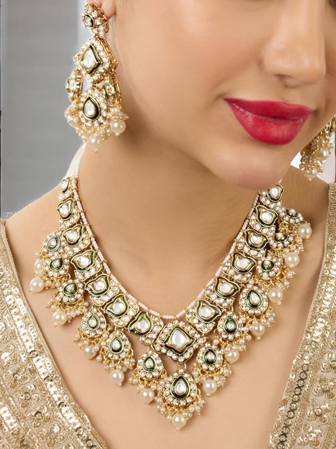Meenakari Kundan Beaded Necklace Earrings Maangtika Set, Bridal Kundan Necklace, Pearl Choker, Meenakari Choker Earrings Mangtika, Bridal Mangtika, Indian Kundan Jewellery Set - Libasaa.com