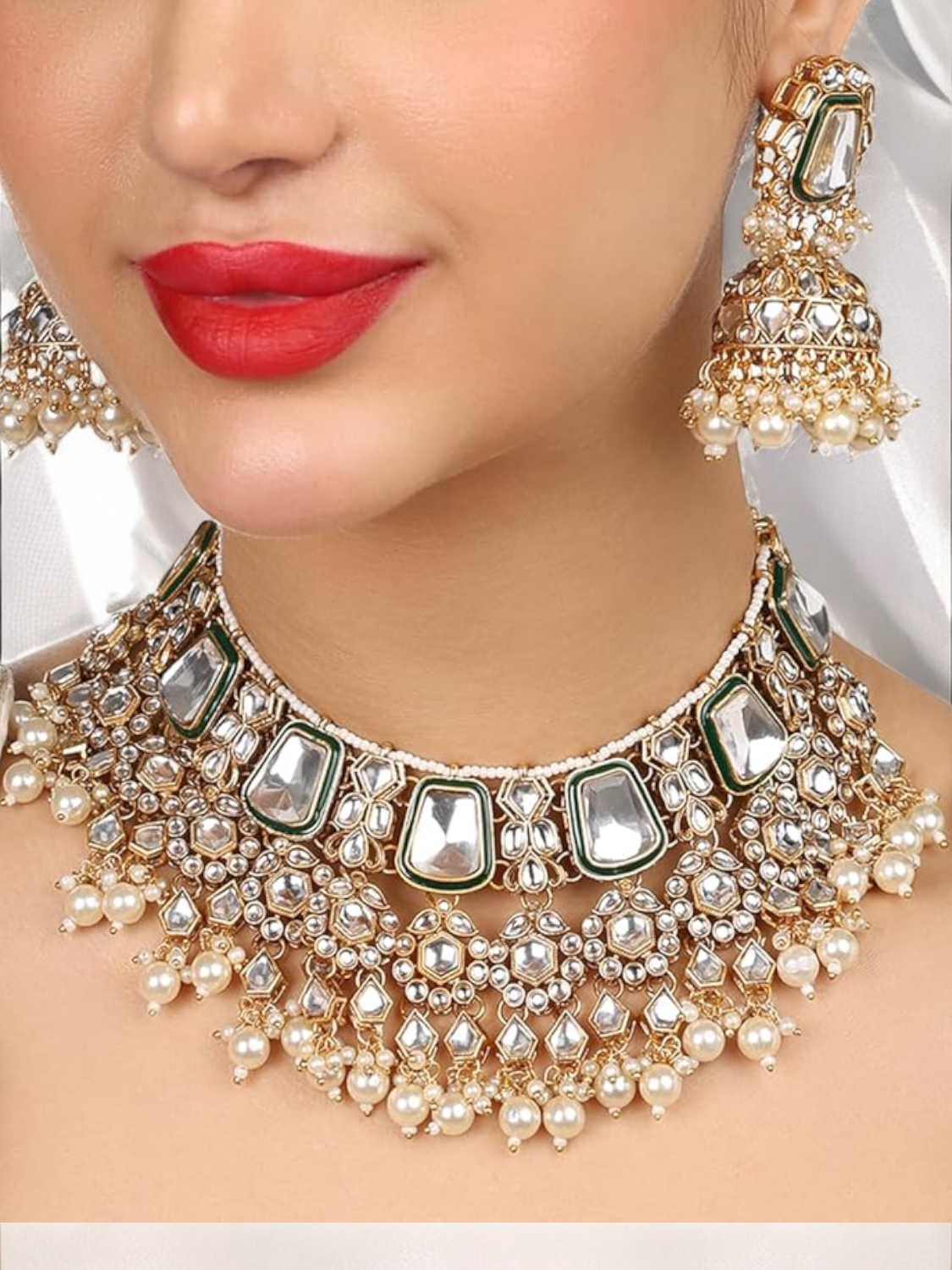 Meenakari Pearl Beaded Indian jewellery Set, Choker Earrings Maangtika Set, Kundan Necklace Mangtika set, Earrings Mangtika Set, Indian Jewelry Set, Pakistani Pearl Choker, Bridal Necklace Earrings Mangtika Set - Libasaa.com