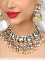 Meenakari Pearl Beaded Indian jewellery Set, Choker Earrings Maangtika Set, Kundan Necklace Mangtika set, Earrings Mangtika Set, Indian Jewelry Set, Pakistani Pearl Choker, Bridal Necklace Earrings Mangtika Set - Libasaa.com