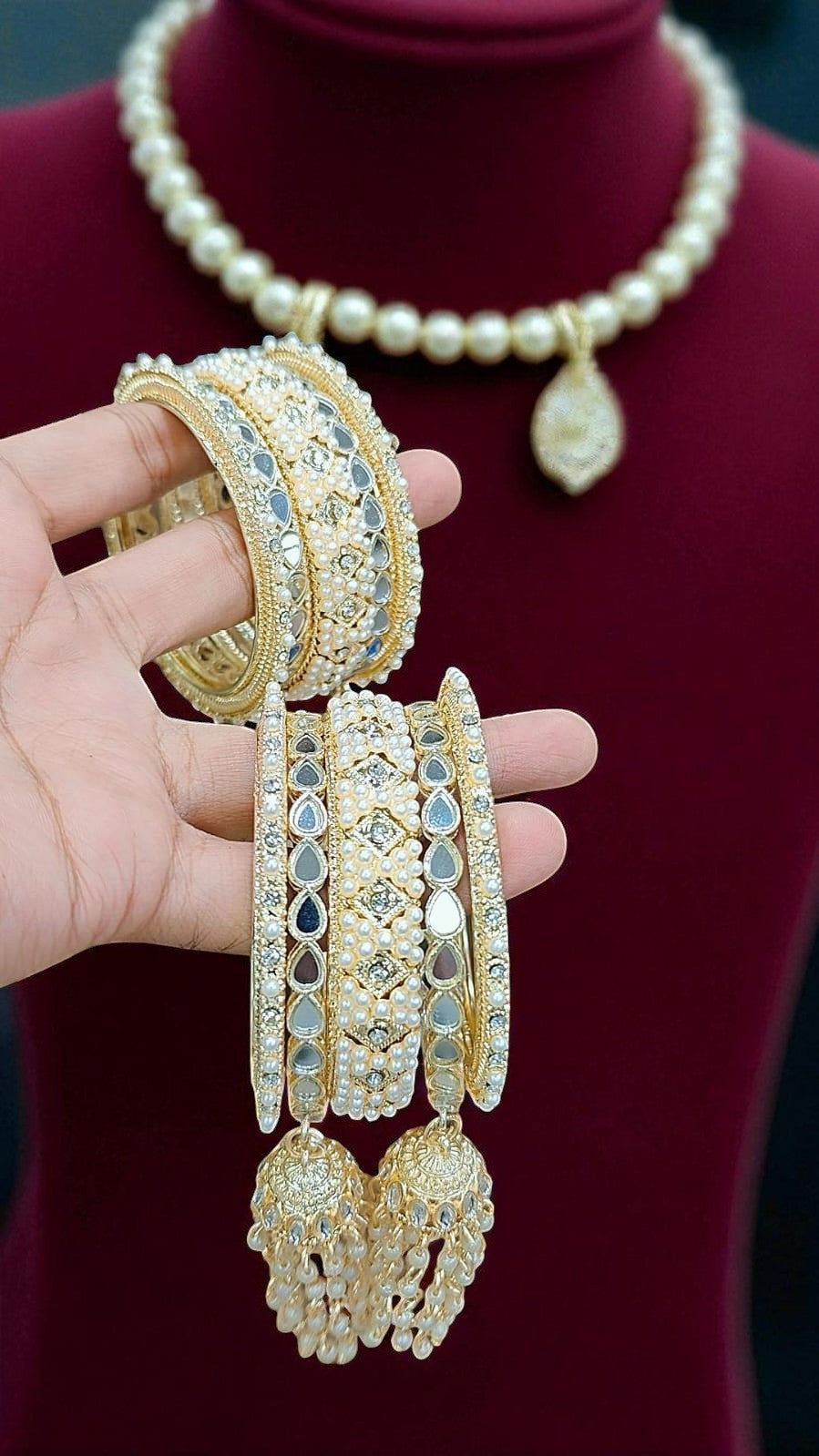 Elegant Gold-Plated Pearl & Kundan Bridal Bangles with Hanging Tassels - Libasaa.com