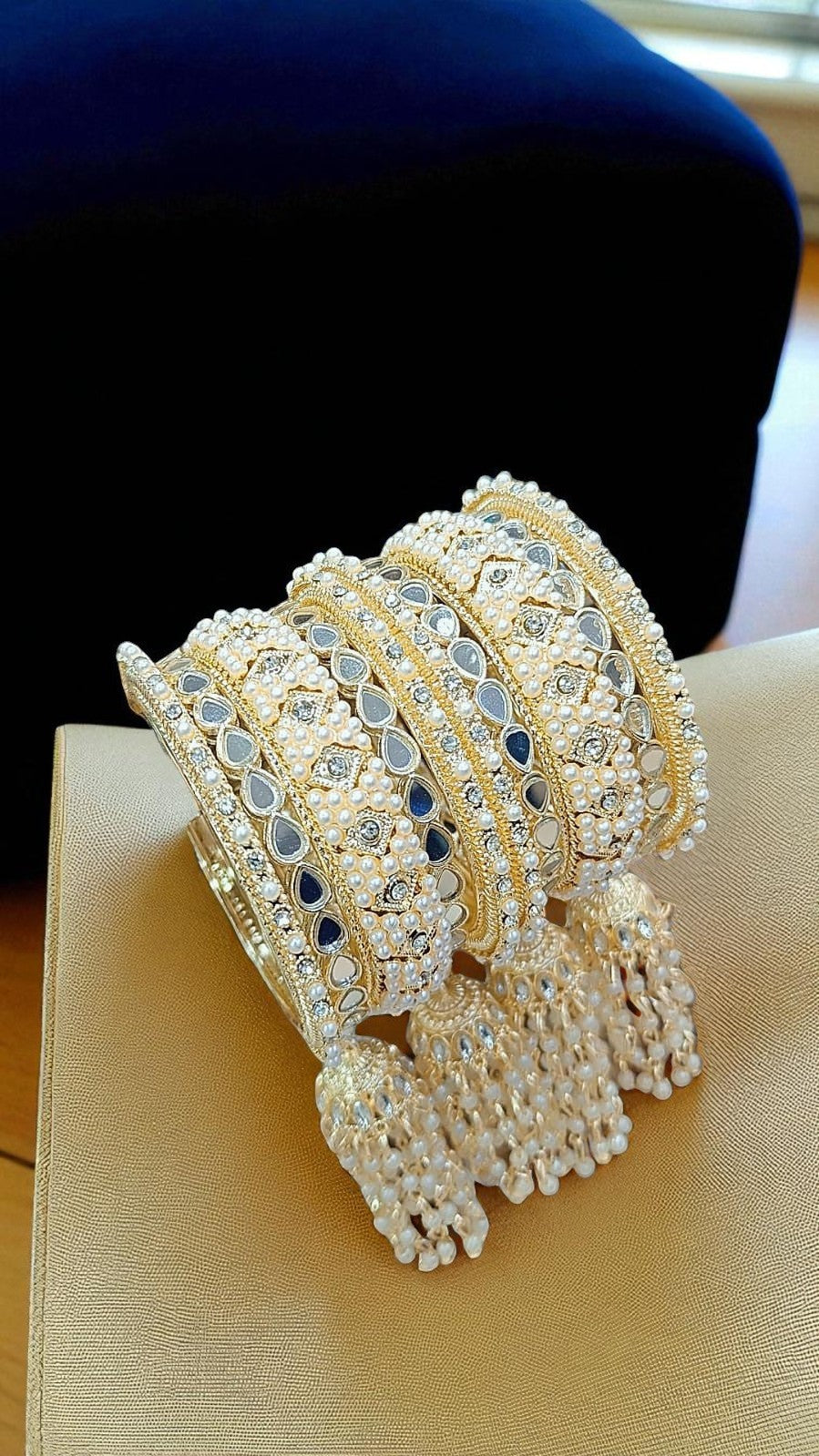 Elegant Gold-Plated Pearl & Kundan Bridal Bangles with Hanging Tassels - Libasaa.com