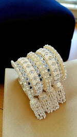 Elegant Gold-Plated Pearl & Kundan Bridal Bangles with Hanging Tassels - Libasaa.com
