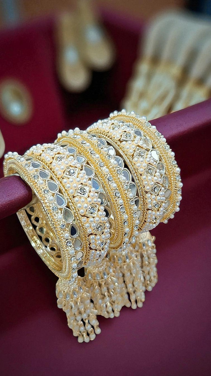 Elegant Gold-Plated Pearl & Kundan Bridal Bangles with Hanging Tassels - Libasaa.com