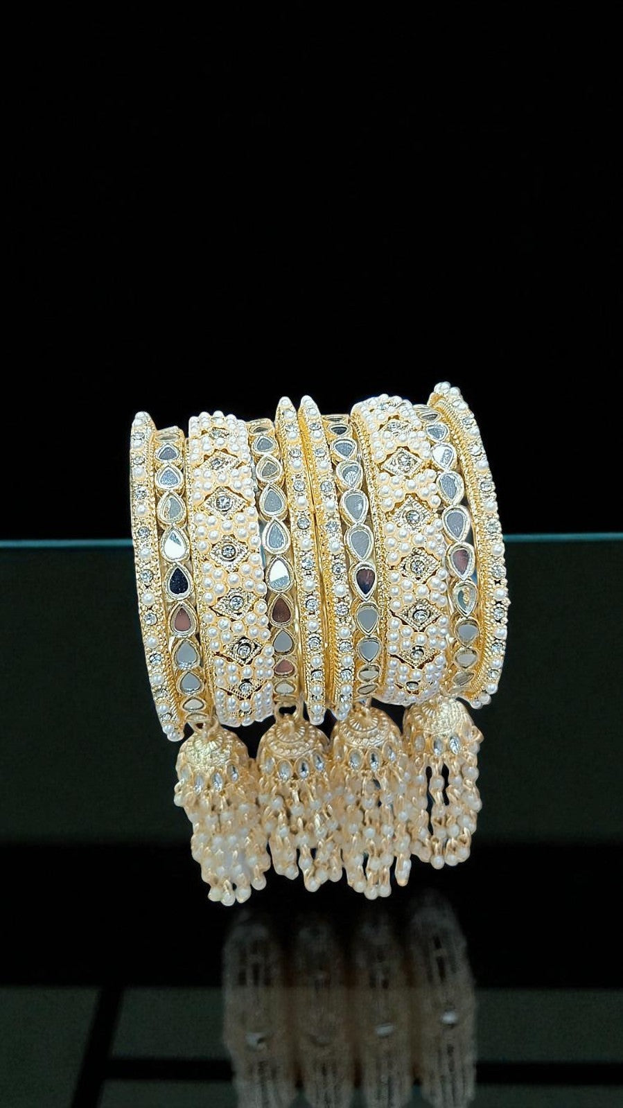 Elegant Gold-Plated Pearl & Kundan Bridal Bangles with Hanging Tassels - Libasaa.com