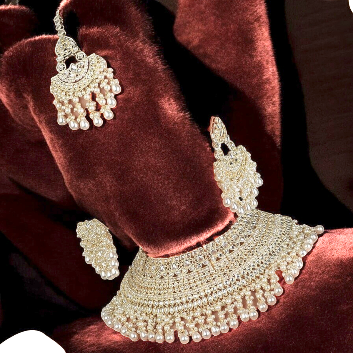 Gold Tone Pearl Choker Necklace earrings Mangtika Ring Set, Bridal Pearl Jewelry Set, Wedding Necklace Ring Set, Mangtika Earrings Set - Libasaa.com