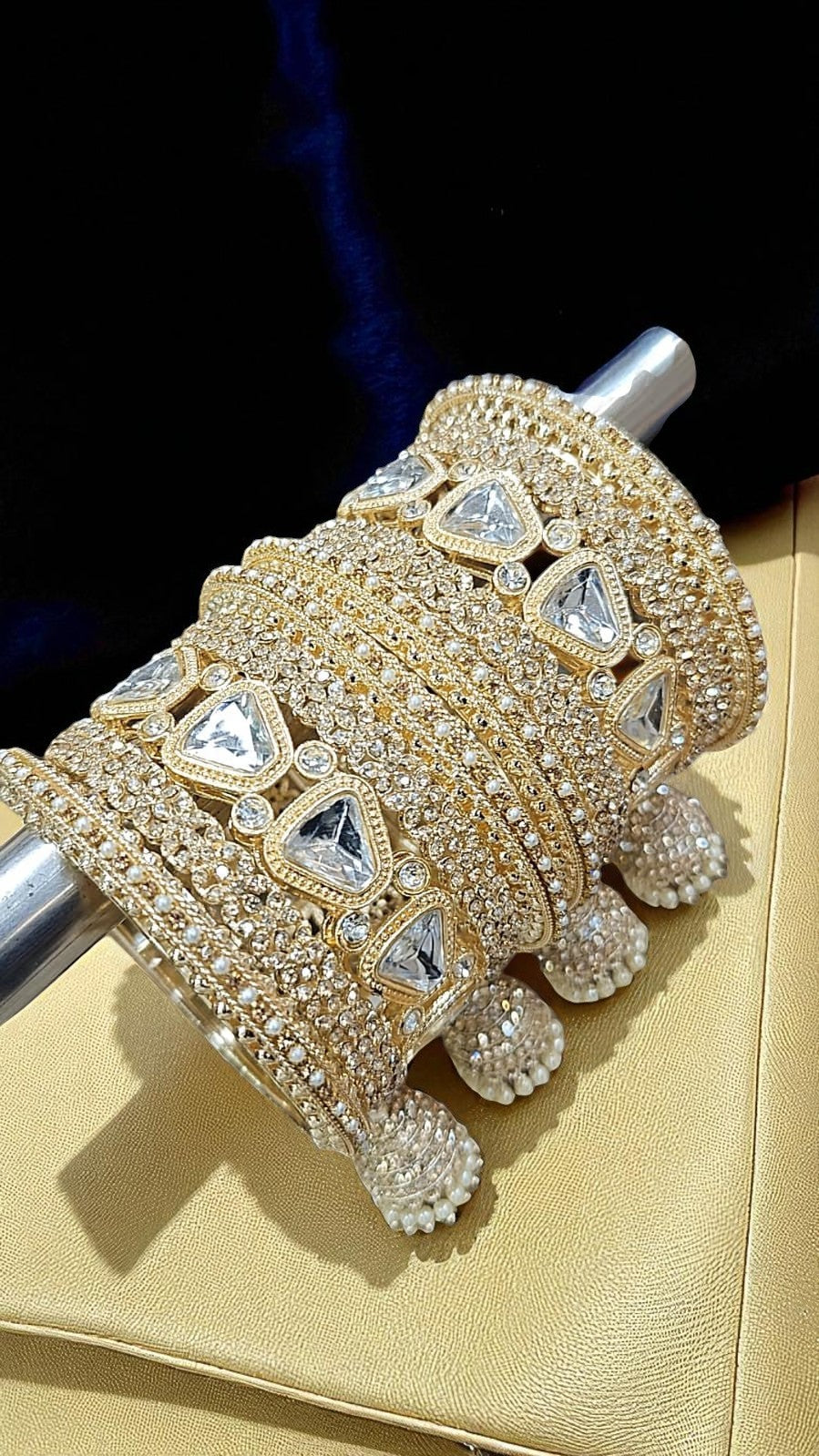 Luxury Gold-Plated Bridal Bangles with Crystal Stones & Jhumka Tassels - Libasaa.com