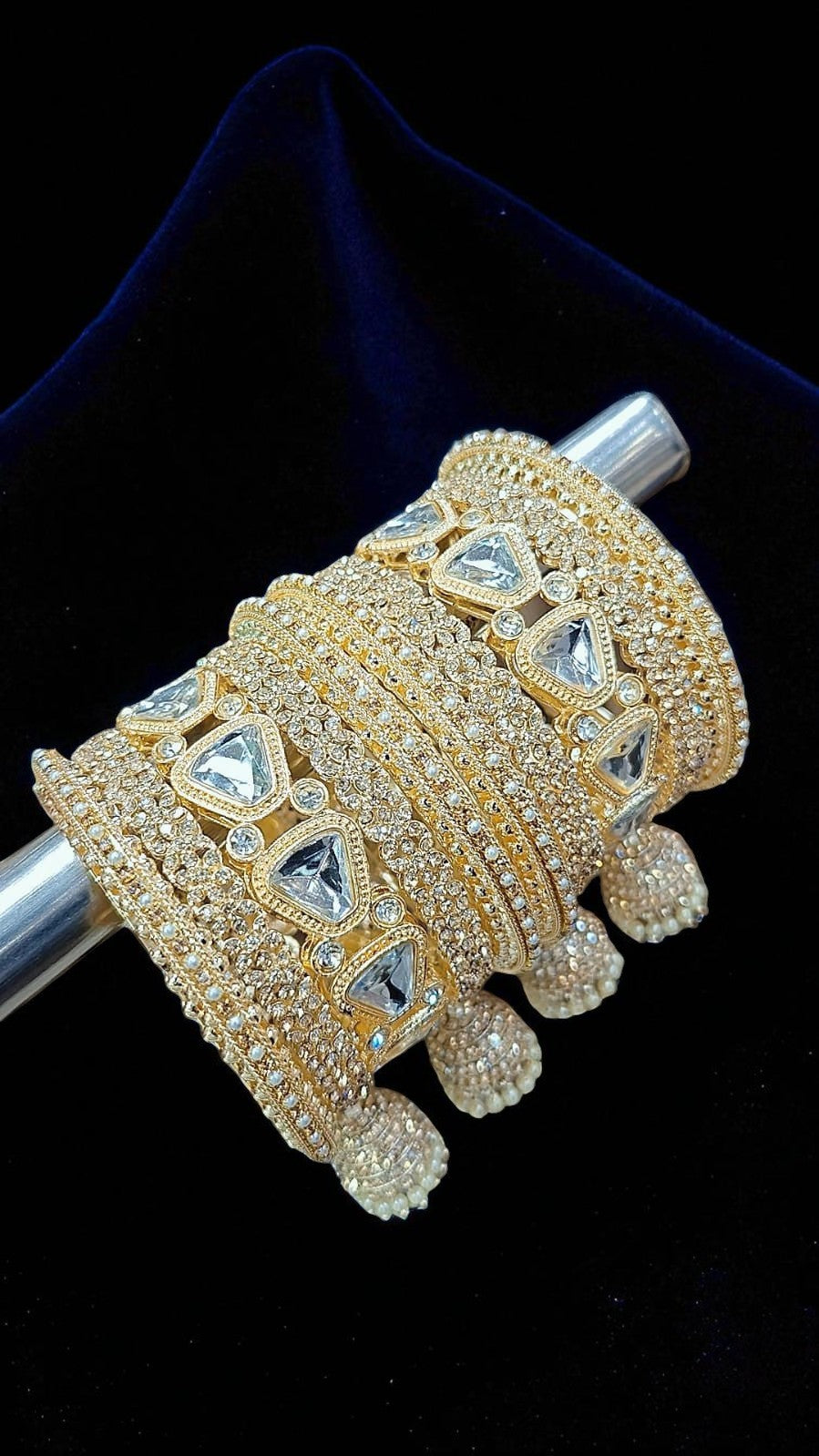 Luxury Gold-Plated Bridal Bangles with Crystal Stones & Jhumka Tassels - Libasaa.com