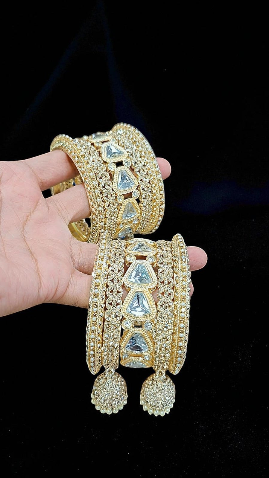 Luxury Gold-Plated Bridal Bangles with Crystal Stones & Jhumka Tassels - Libasaa.com