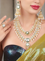 Layered Kundan Pearl Bridal Necklace earrings Mangtika Ring Set, Pakistani Pearl jewelry, Kundan Necklace Set, Earrings Kundan, Weddings Kundan Jewelry Set - Libasaa.com