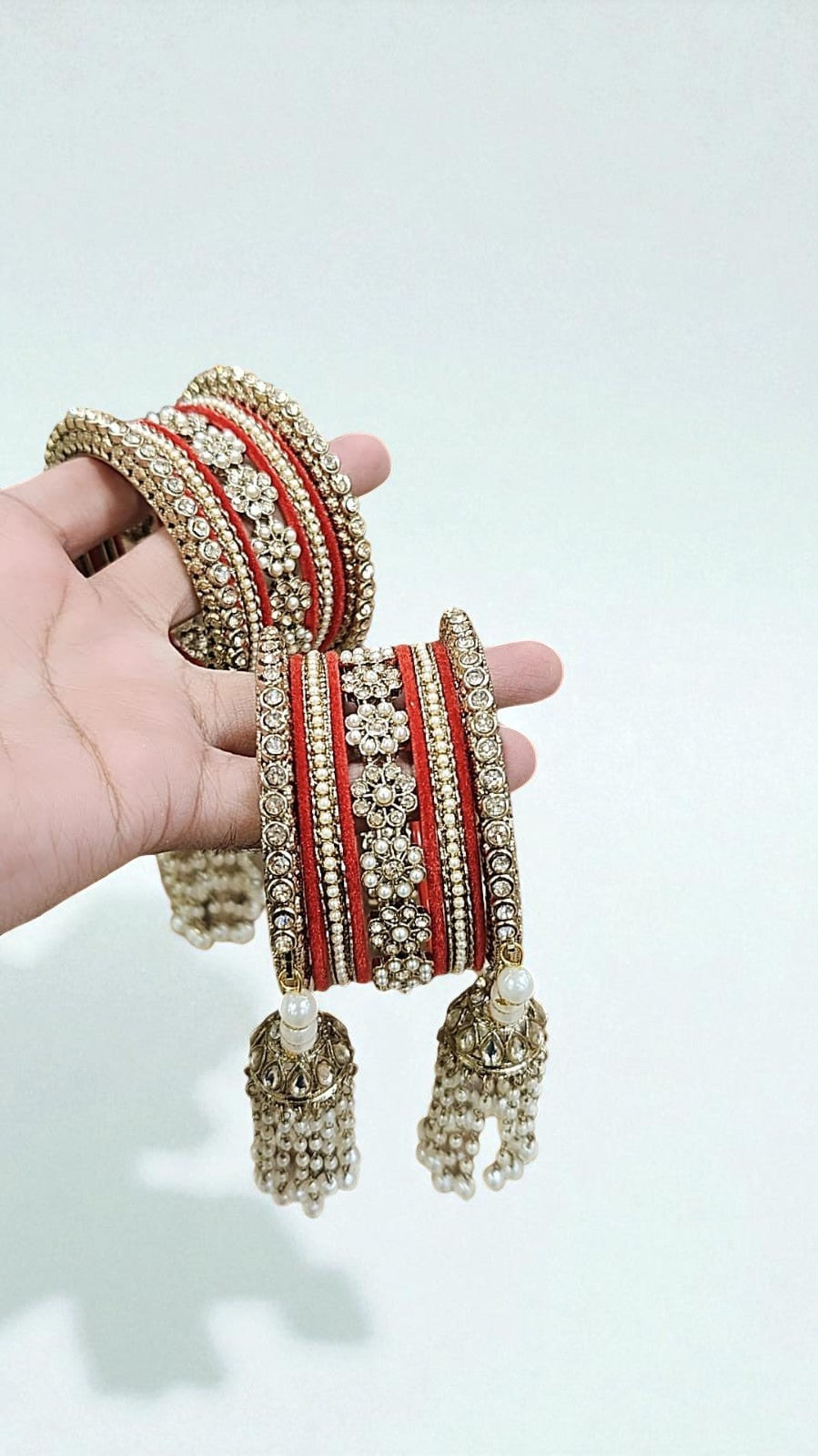 Moti Copper Stone Bangles Set with Jhumar Design | Traditional Indian Jewelry for Women - Libasaa.com