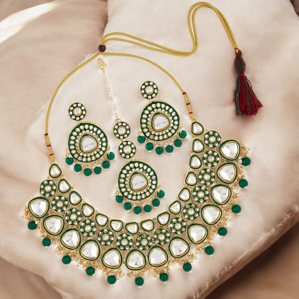Green Stone Beads Kundan Necklace Earring Maangtika, Indian Pearl Choker Set, Earrings Maangtika Set, Pakistani Jewellery Set - Libasaa.com