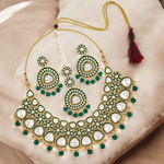 Green Stone Beads Kundan Necklace Earring Maangtika, Indian Pearl Choker Set, Earrings Maangtika Set, Pakistani Jewellery Set - Libasaa.com