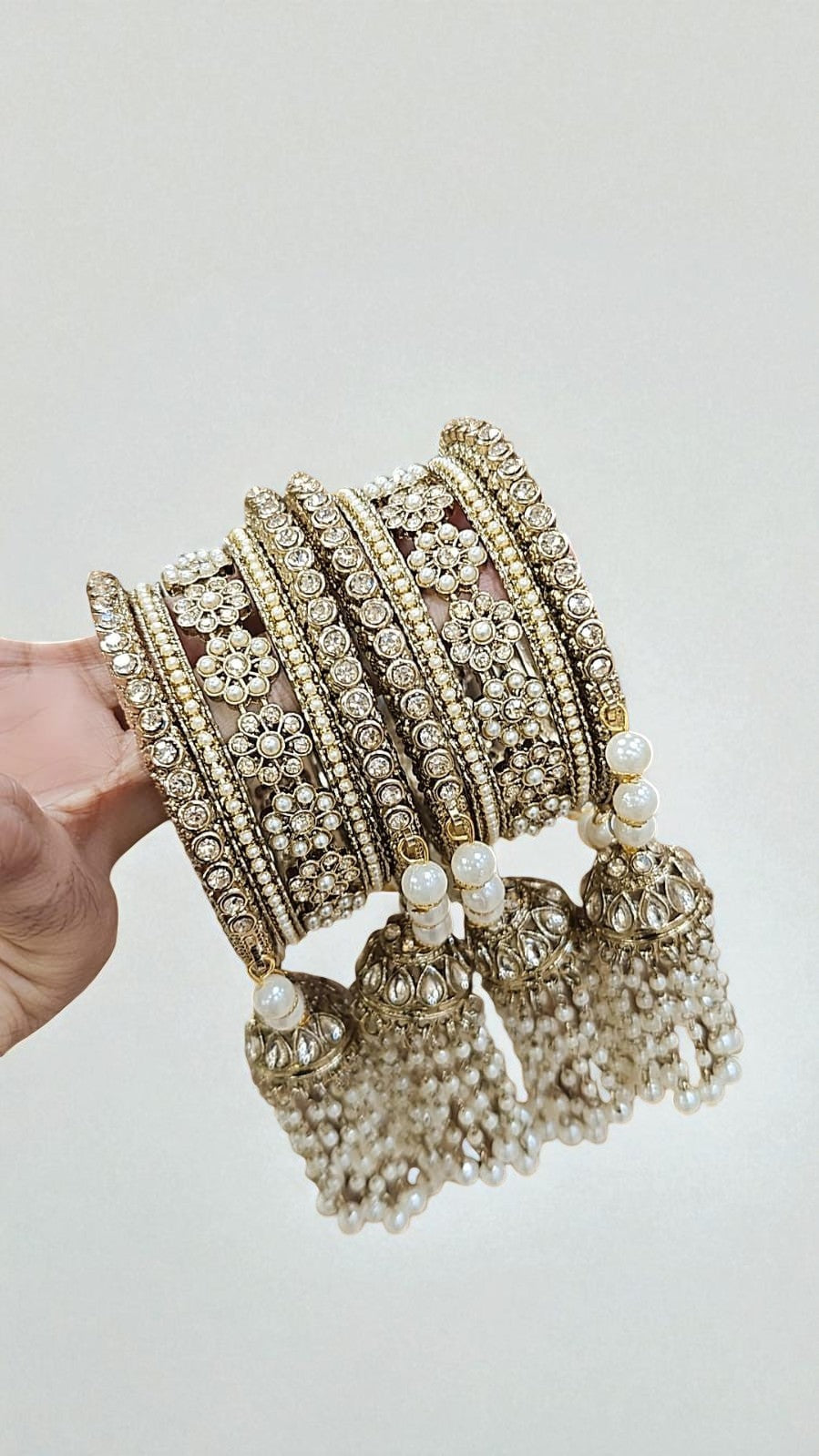 Moti Copper Stone Bangles Set with Jhumar Design | Traditional Indian Jewelry for Women - Libasaa.com