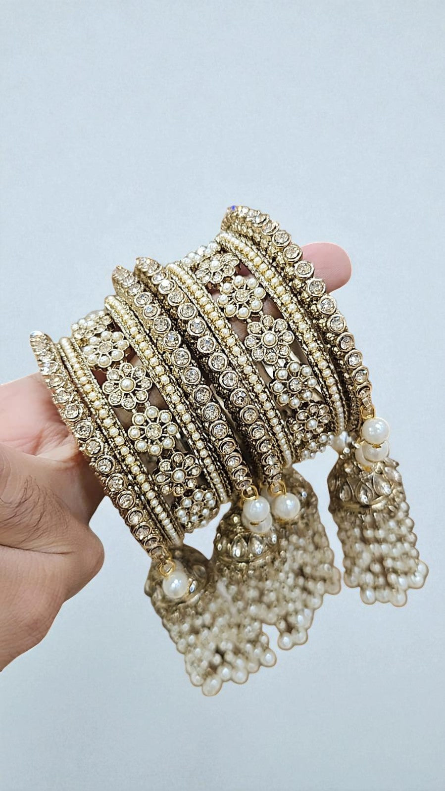 Moti Copper Stone Bangles Set with Jhumar Design | Traditional Indian Jewelry for Women - Libasaa.com