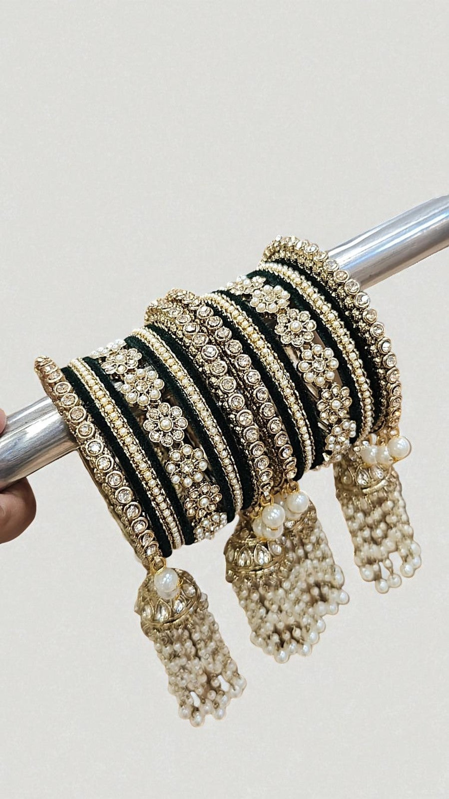 Moti Copper Stone Bangles Set with Jhumar Design | Traditional Indian Jewelry for Women - Libasaa.com