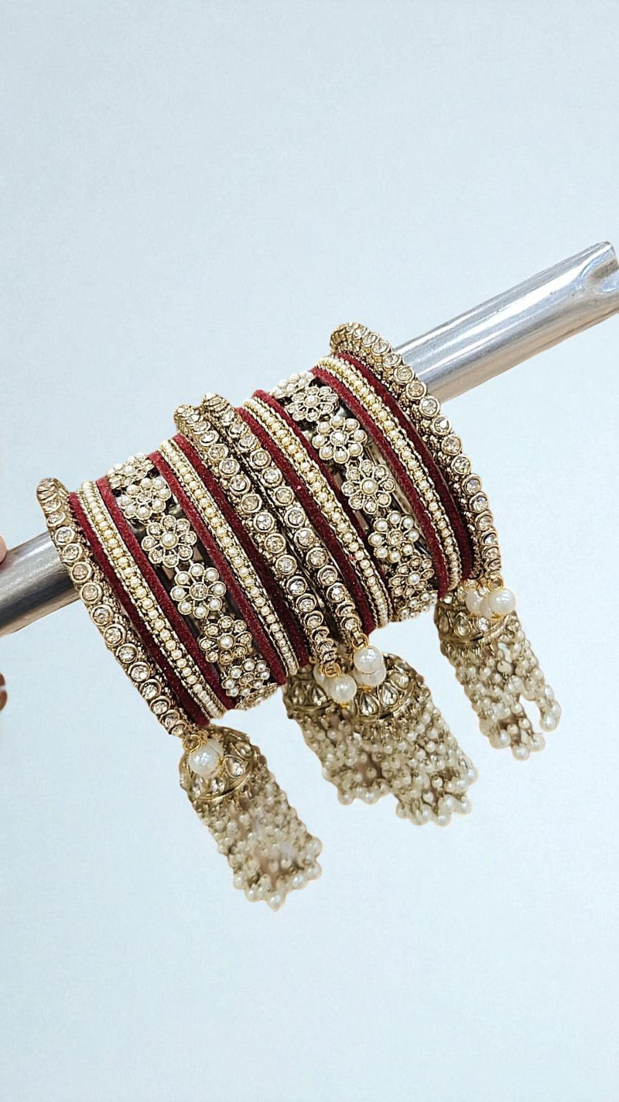 Moti Copper Stone Bangles Set with Jhumar Design | Traditional Indian Jewelry for Women - Libasaa.com