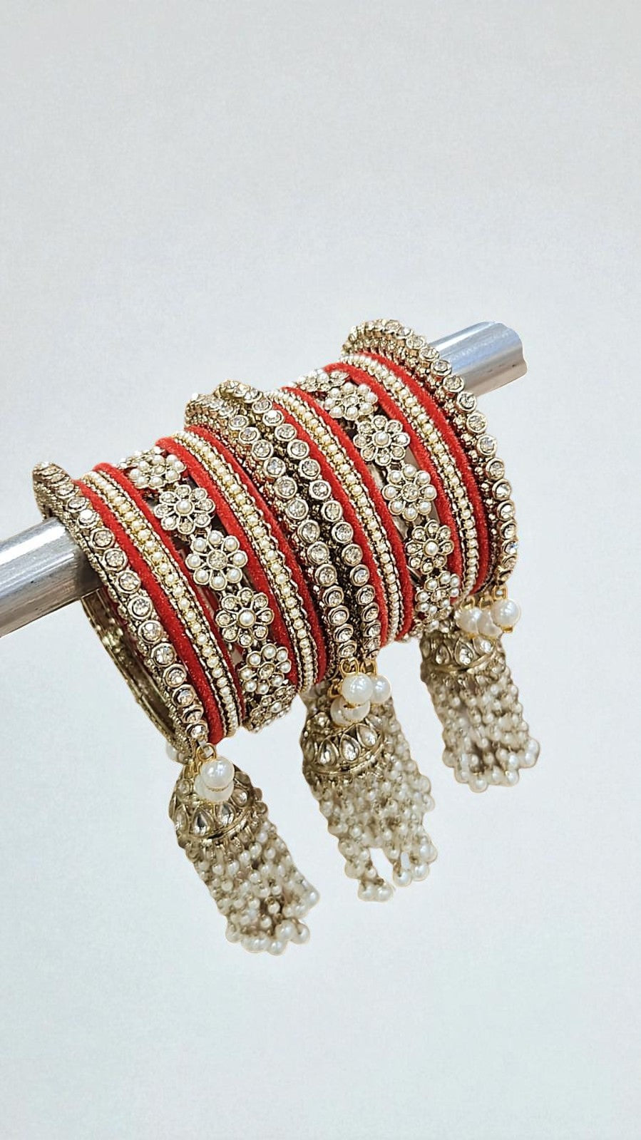Moti Copper Stone Bangles Set with Jhumar Design | Traditional Indian Jewelry for Women - Libasaa.com