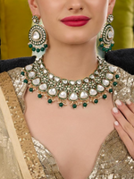 Green Stone Beads Kundan Necklace Earring Maangtika, Indian Pearl Choker Set, Earrings Maangtika Set, Pakistani Jewellery Set - Libasaa.com
