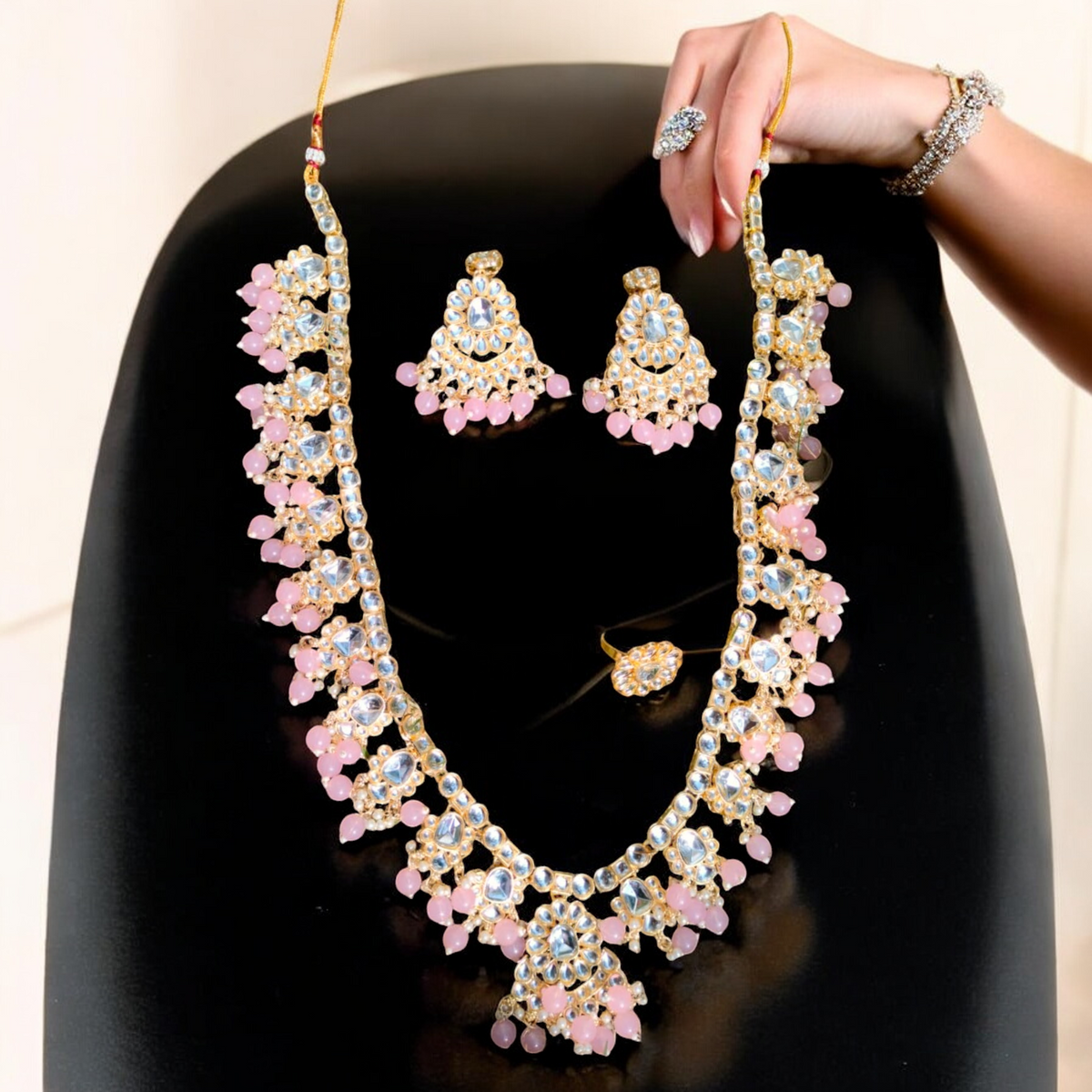 Dazzling Kundan Ethnic Bridal Necklace Earring Ring Set,Kundan Bridal Necklace Set - Indian Choker with Earrings - Libasaa.com