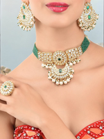 Green Crystal Kundan Choker Earrings Ring Set, Indian Crystal Jewelry, Pakistani Jewelry, Kundan Necklace, bridal Kundan ring - Libasaa.com