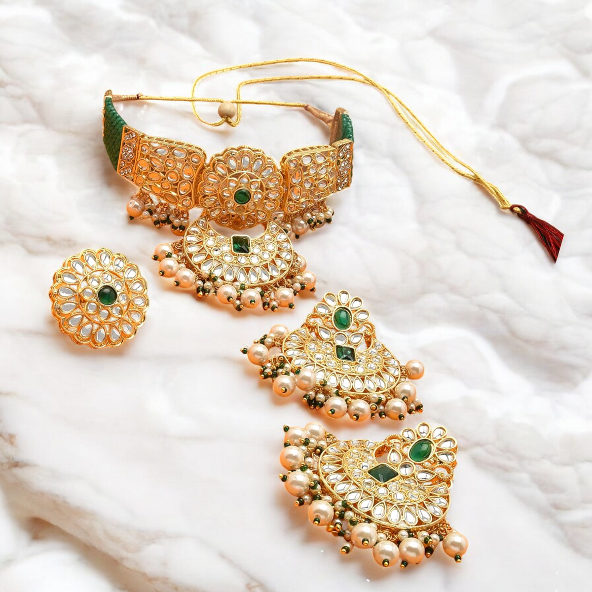 Green Crystal Kundan Choker Earrings Ring Set, Indian Crystal Jewelry, Pakistani Jewelry, Kundan Necklace, bridal Kundan ring - Libasaa.com