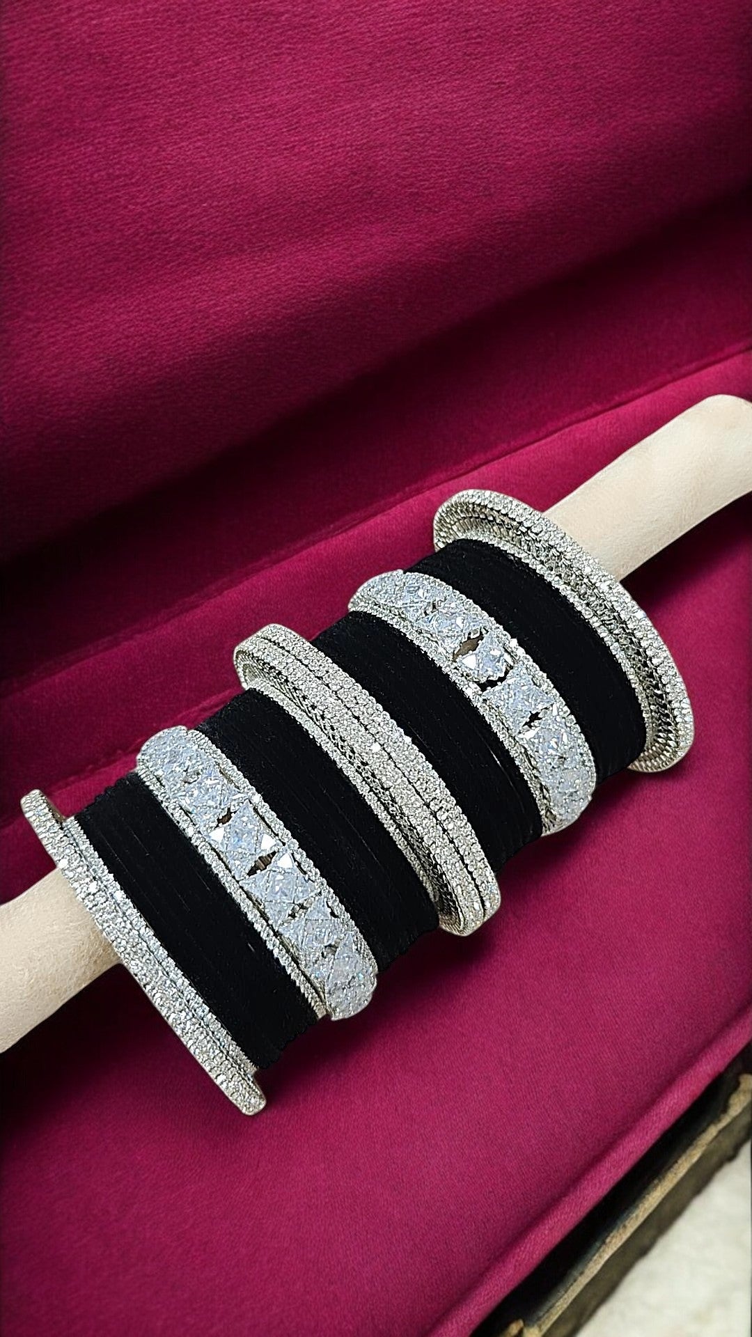Indian Bollywood Black Silver Tone Thread Bangle Kada Set For Wedding - Libasaa.com