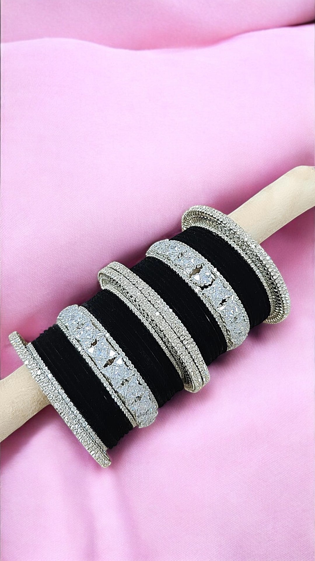 Indian Bollywood Black Silver Tone Thread Bangle Kada Set For Wedding - Libasaa.com