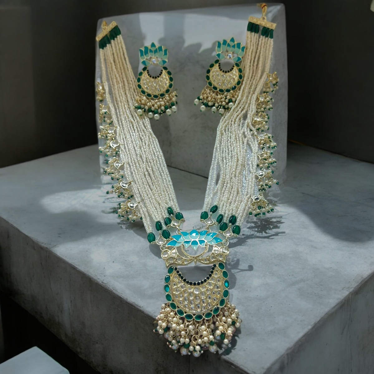 Lotus Pearls Necklace Earring Ring Pakistani Jewelry Set, Indian Pearl Necklace Earrings Set, Bridal Kundan earrings, Bollywood necklace, Pakistani Earrings set, Ethic Jewelry - Libasaa.com