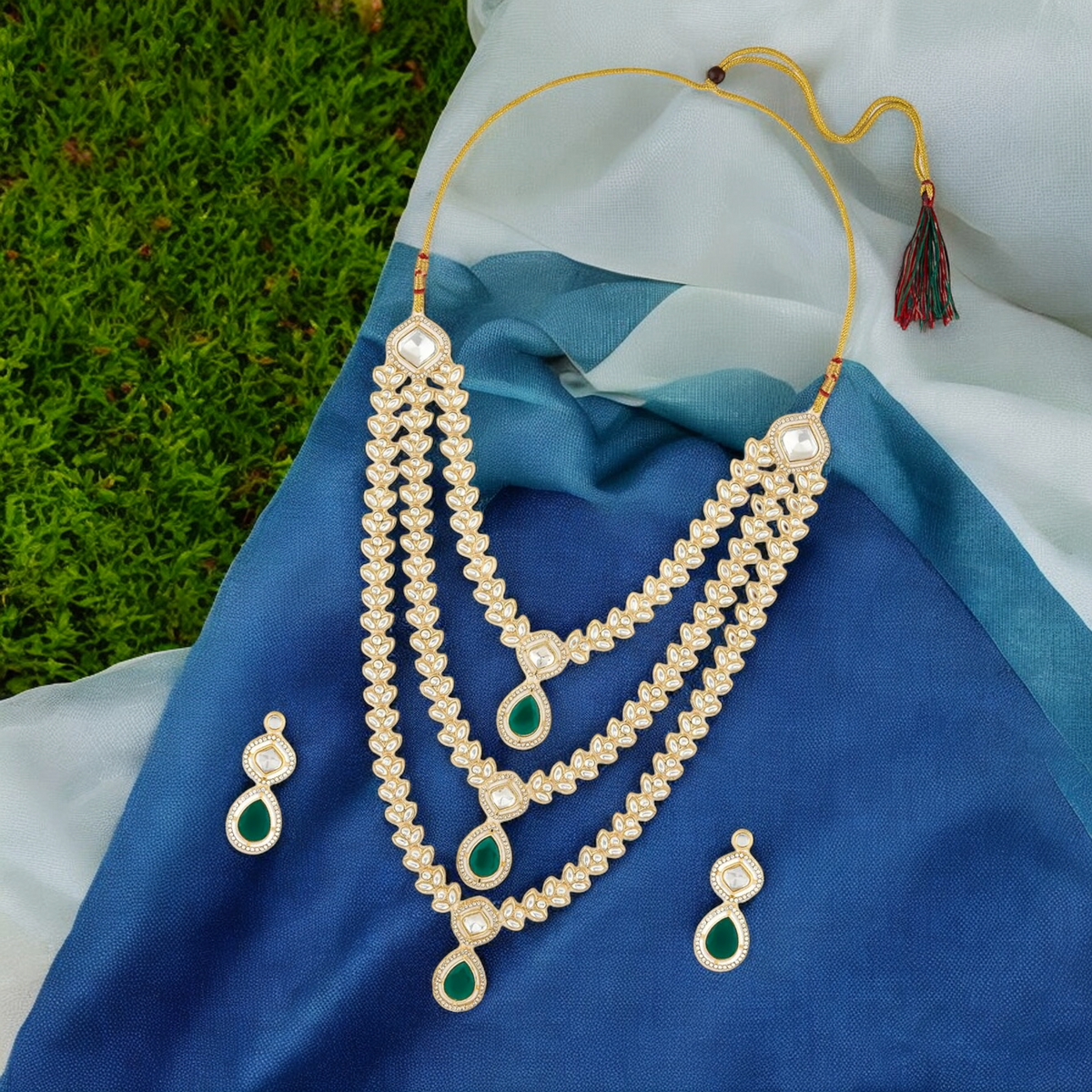 Green CZ Bridal Necklace Earrings Bollywod Jewelry Set, Green Bridal jewelry, Bridal AD Jewelry, Indian jewelry Set, Necklace Earrings Set - Libasaa.com