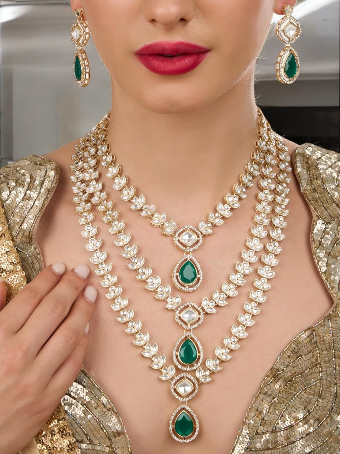 Green CZ Bridal Necklace Earrings Bollywod Jewelry Set, Green Bridal jewelry, Bridal AD Jewelry, Indian jewelry Set, Necklace Earrings Set - Libasaa.com