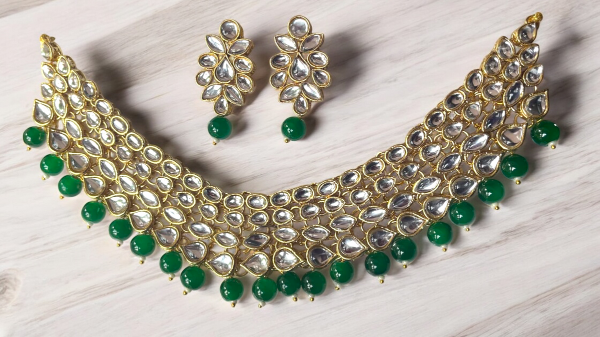 Green Kundan Stylish Choker Pearl Earrings Set, Pearl Bridal Choker, Pearl Earings Set, Bollywood Necklace Earrings, Pakistani Kundan Necklace Set - Libasaa.com