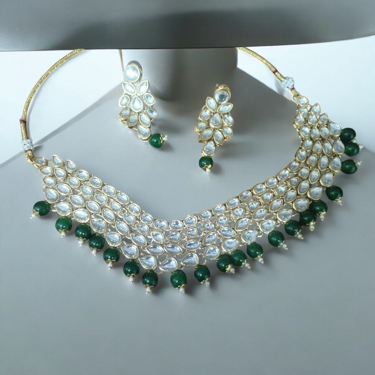 Green Kundan Stylish Choker Pearl Earrings Set, Pearl Bridal Choker, Pearl Earings Set, Bollywood Necklace Earrings, Pakistani Kundan Necklace Set - Libasaa.com