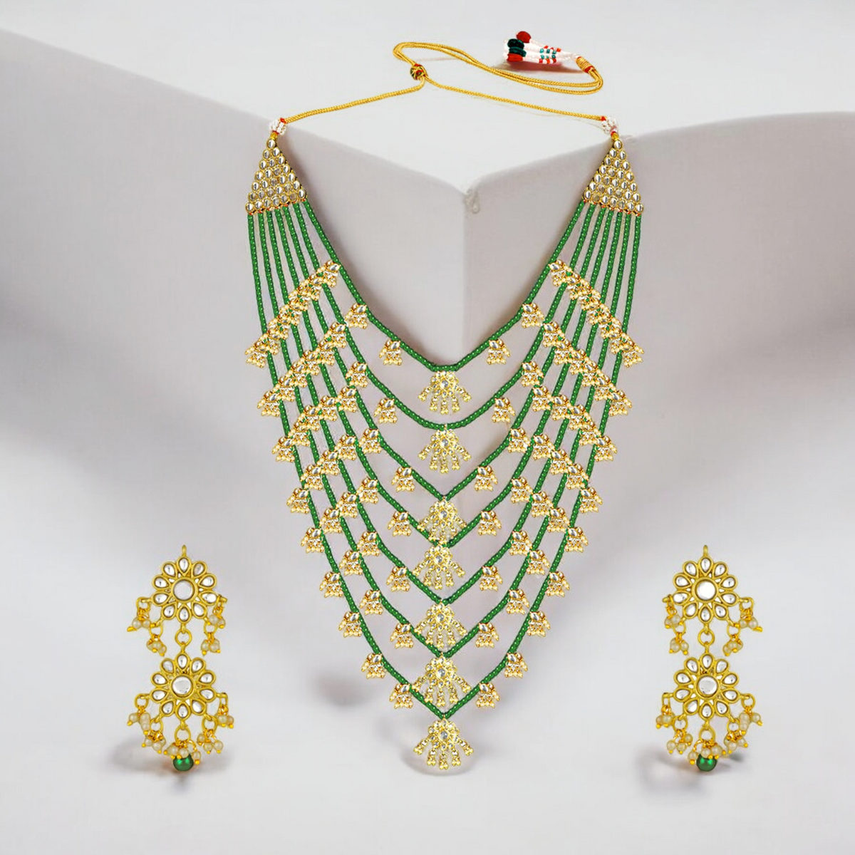 Floral Multi Layered Gold-Plated & Green Stone-Studded Jewellery Set - Libasaa.com