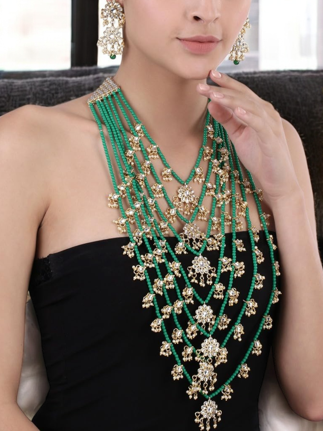 Floral Multi Layered Gold-Plated & Green Stone-Studded Jewellery Set - Libasaa.com