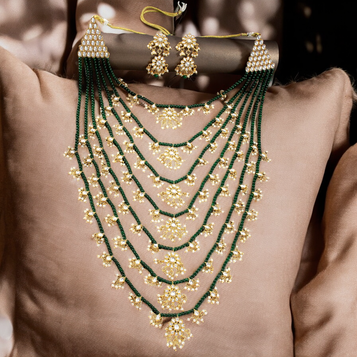 Floral Multi Layered Gold-Plated & Green Stone-Studded Jewellery Set - Libasaa.com