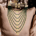 Floral Multi Layered Gold-Plated & Green Stone-Studded Jewellery Set - Libasaa.com