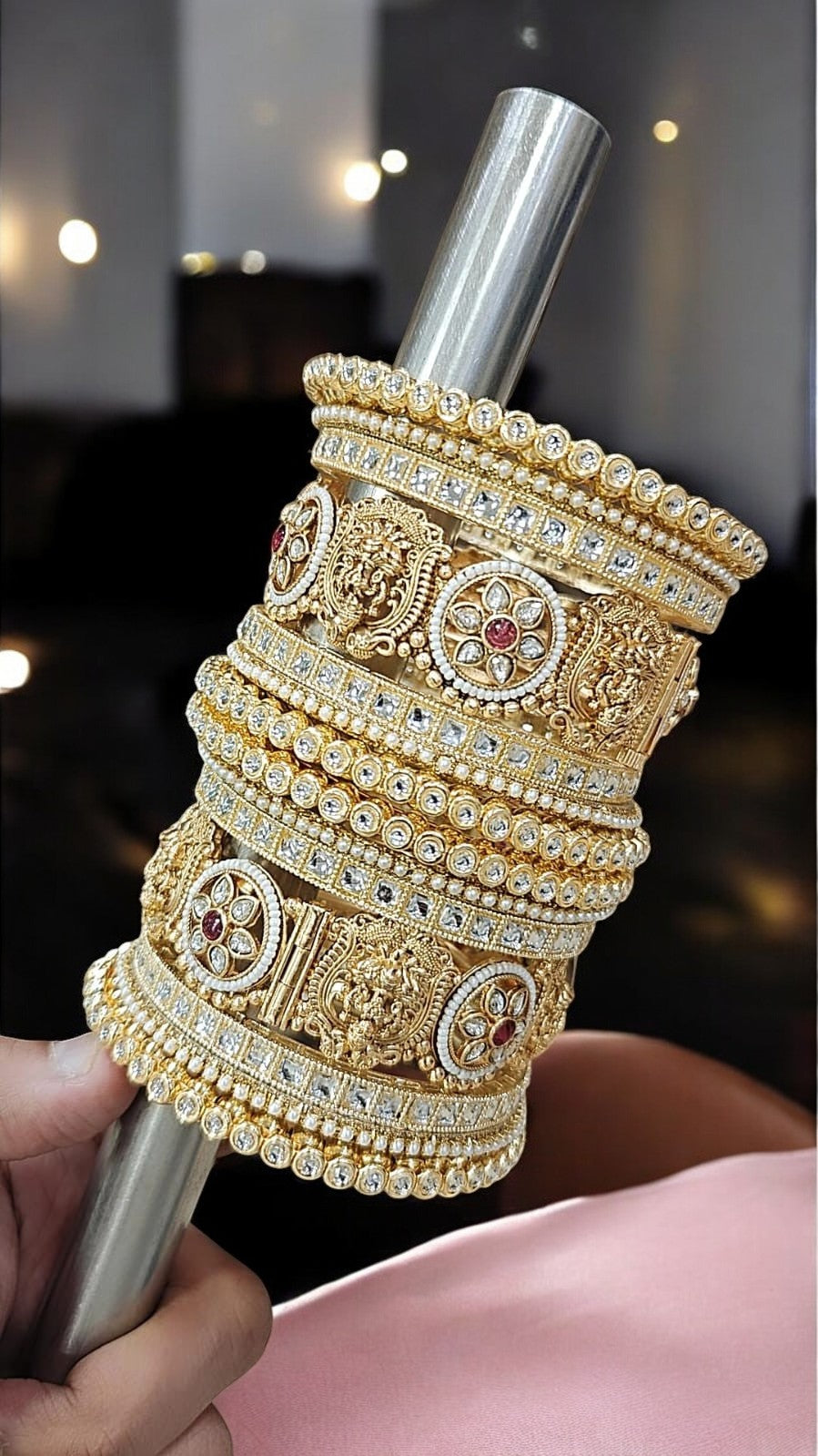 Golden Rajwadi Temple Bridal Jewelry Set with Kada & Bangles β Traditional Wedding Jewelry - Libasaa.com