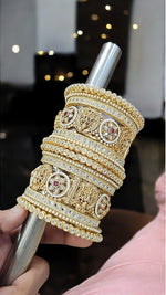 Golden Rajwadi Temple Bridal Jewelry Set with Kada & Bangles β Traditional Wedding Jewelry - Libasaa.com