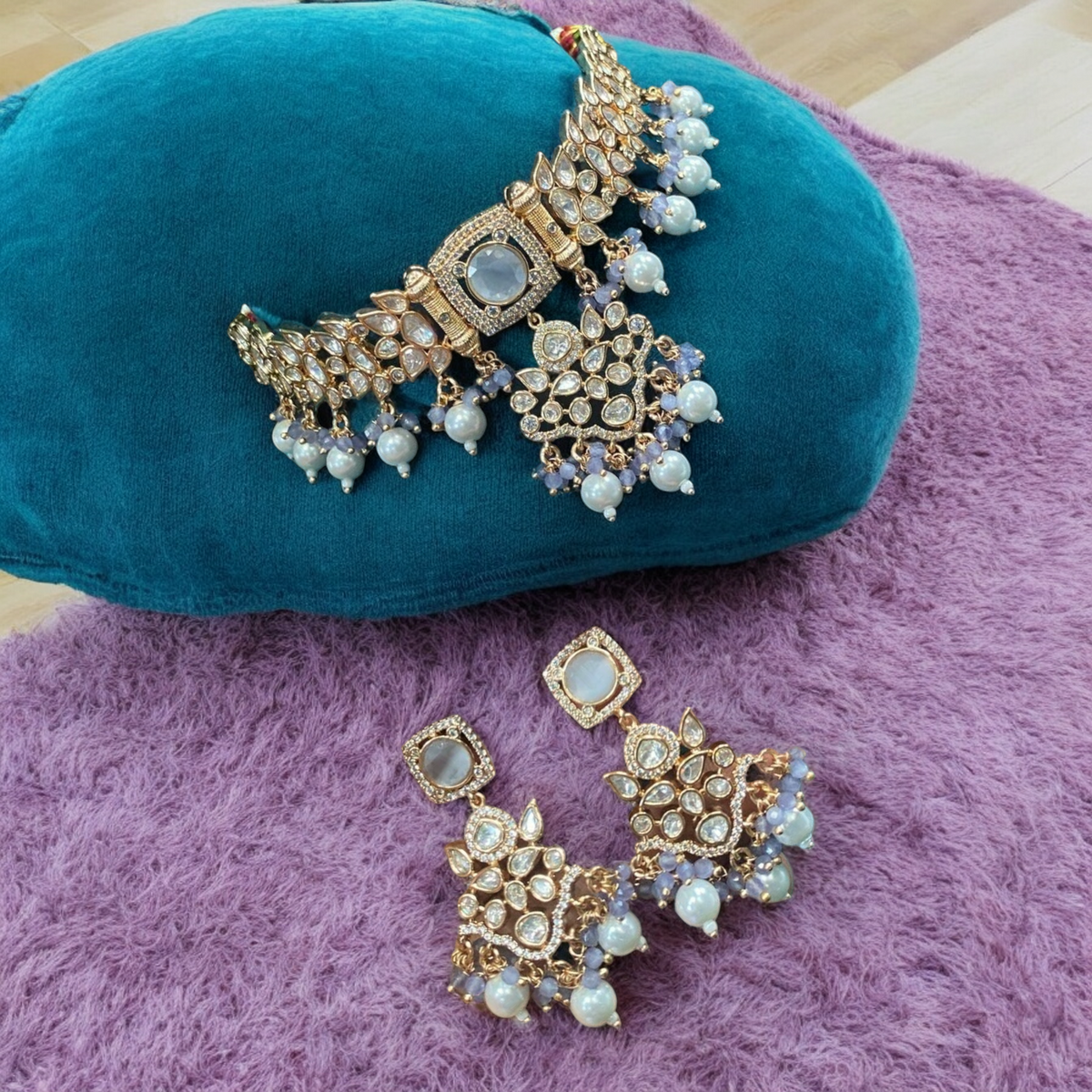 Bridal American Diamond Choker Earrings Jewelry Set, CZ Choker Set, Indian AD Choker, Indian AD Earrings Set, Bollywood Earrings Set - Libasaa.com