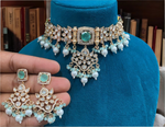 Bridal American Diamond Choker Earrings Jewelry Set, CZ Choker Set, Indian AD Choker, Indian AD Earrings Set, Bollywood Earrings Set - Libasaa.com