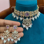 Bridal American Diamond Choker Earrings Jewelry Set, CZ Choker Set, Indian AD Choker, Indian AD Earrings Set, Bollywood Earrings Set - Libasaa.com