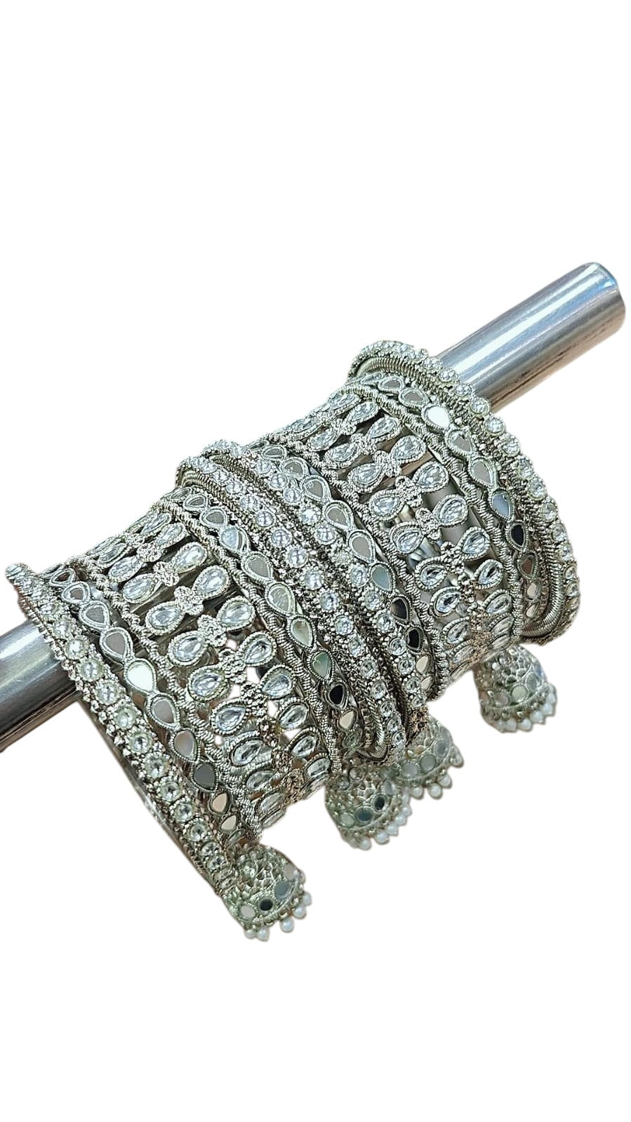 Silver Kundan Touch Look Bangle Set – Elegant Stone-Studded Traditional Jewelry - Libasaa.com