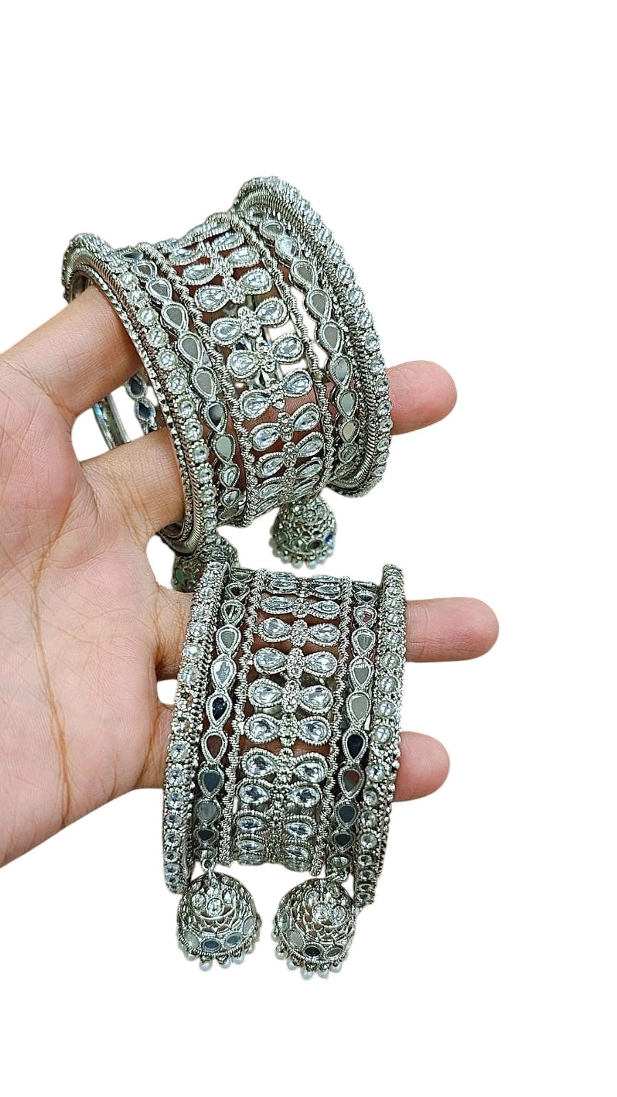 Silver Kundan Touch Look Bangle Set – Elegant Stone-Studded Traditional Jewelry - Libasaa.com