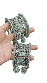Silver Kundan Touch Look Bangle Set – Elegant Stone-Studded Traditional Jewelry - Libasaa.com