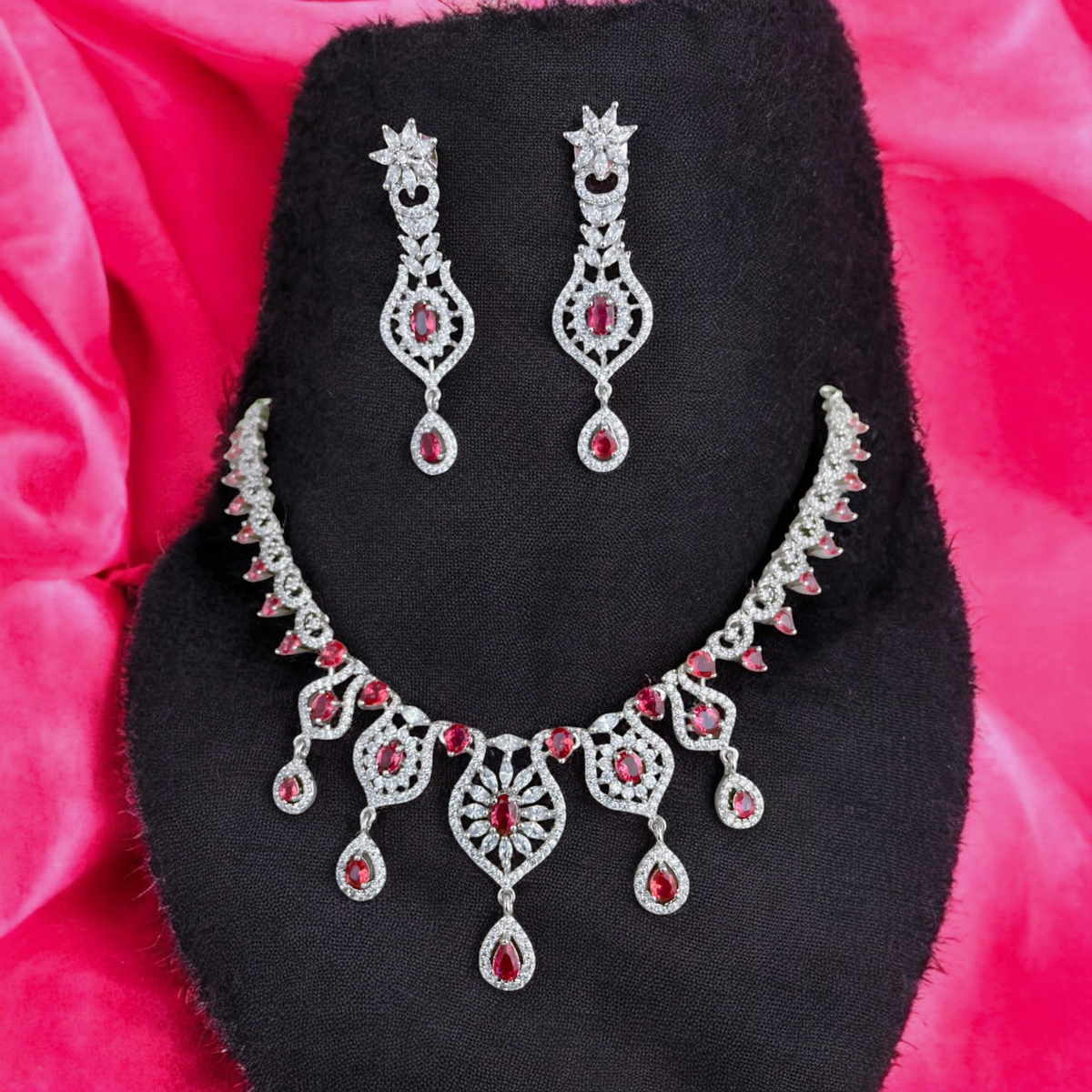 AD Necklace Earrings Bollywood Jewelry Set, Bollywood CZ Earrings Set, Pakistani AD Necklace, Indian Jewellery Necklace Set, Wedding Design Jewellery - Libasaa.com