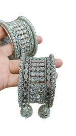 Silver Kundan Touch Look Bangle Set – Elegant Stone-Studded Traditional Jewelry - Libasaa.com